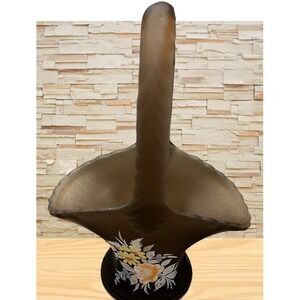 Westmoreland Frosted Smokey Brown Glass Basket Hand Painted Summer Spring Floral